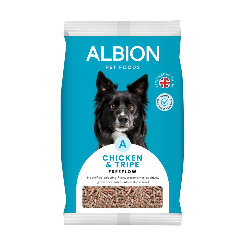 Albion pet foods chicken & tripe freeflow range packaging